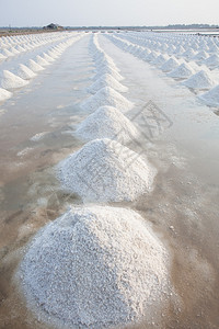 原始盐场海盐堆的垂直形式由天然海洋盐水制成图片