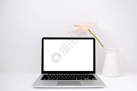 笔记本电脑和淡粉色的红掌花在白色喷壶靠近白色背景正视图片