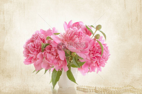 复古色调浅色背景上的粉红色牡丹花束情人节礼物图片