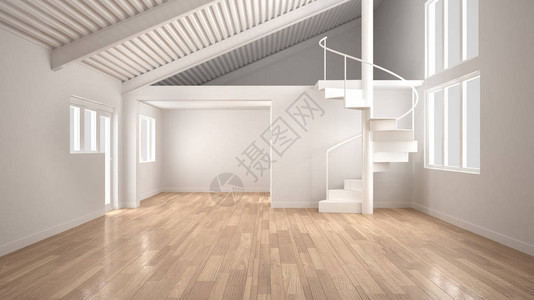 白色现代空荡的室内带夹层的开放空间和极简主义的螺旋楼梯图片