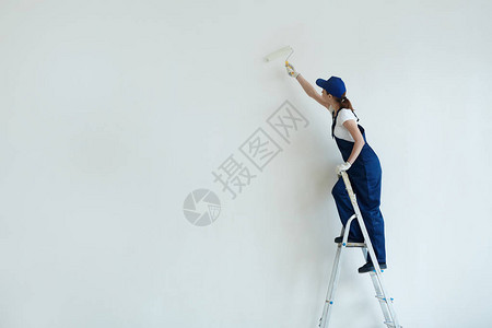 身穿工人制服在梯上画白墙的年轻背景图片