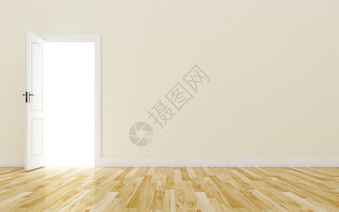 在棕色墙壁上打开白色门木地板图片