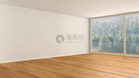 空荡的室内设计带大全景窗户的开放空间带木的绿色上的阳台镶木地板图片