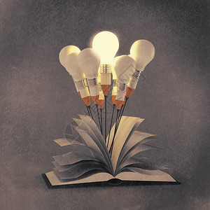 在书外绘制创意铅笔和灯泡概念作为创意图片