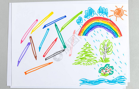 夏天下雨天的孩子涂鸦与彩虹和彩色铅笔隔离在白色背景观与树木和河流儿童画夏季自然图片