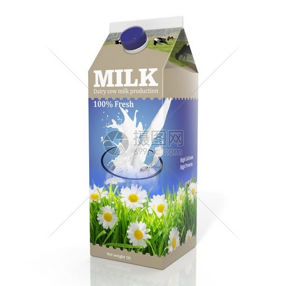 3D牛奶纸包装品在白图片