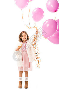 带着粉红气球和冰淇淋的时髦快乐的小孩图片