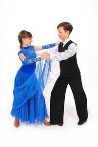 男孩和女孩在白色背景上跳舞交际舞背景图片