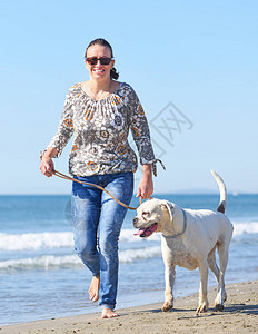 在沙滩上遛狗的妇女 图片