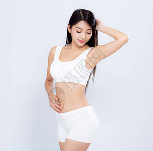 肖像年轻的亚洲女人微笑美丽的身体饮食与适合孤立的白色背景图片