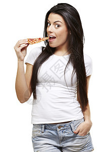 年轻女人在白色背景下吃一图片