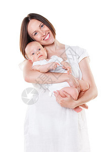 年轻微笑的母亲和可爱的婴儿图片