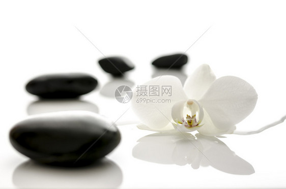 水溢出兰花和黑色禅石的水疗概念图片