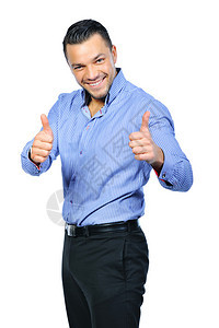 快乐笑的年轻商人用拇指举起手势孤图片
