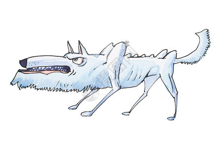 在攻击前微笑和咆哮的瘦灰色愤怒狼的水彩插图图片