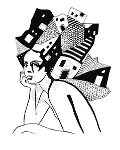 描绘妇女抽象肖像的黑白插图画black图片