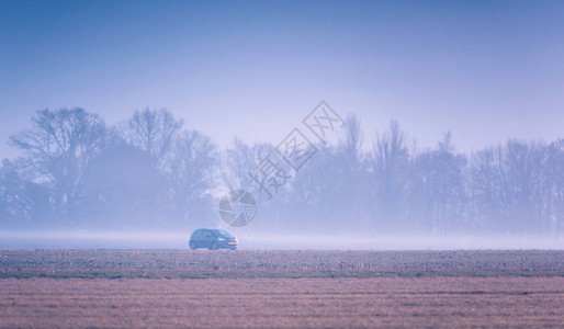 日出时汽车在迷雾的农图片