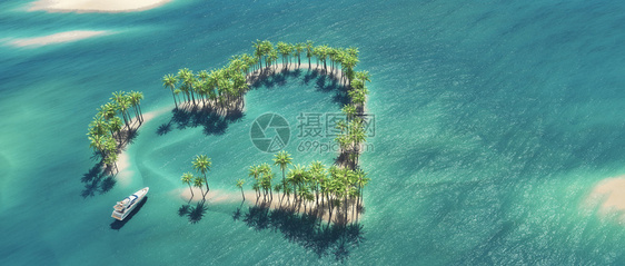 海洋中间的心形热带岛屿和一条船正在经过这是3d化插图Inform图片