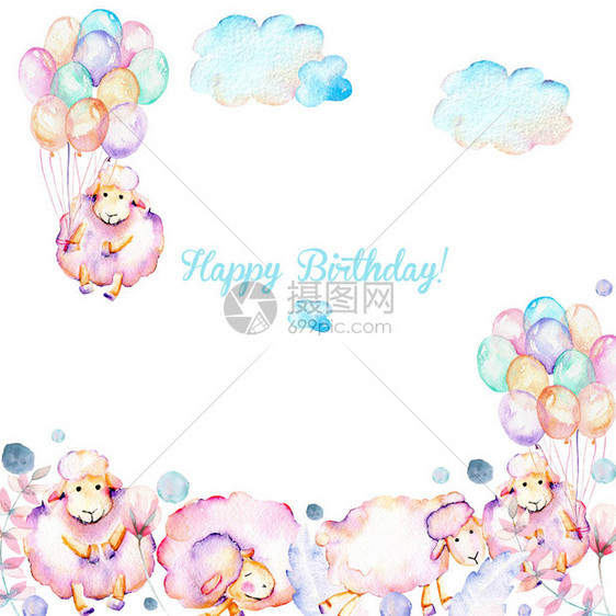 带有水彩可爱的粉红羊气球植物和云彩插图图片