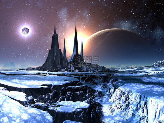 被遗弃的外星人在雪中地震频发的景观上有日食和遥远的月亮的巨大行星图片