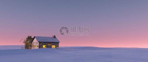 时的冬季雪景与孤独的小屋图片