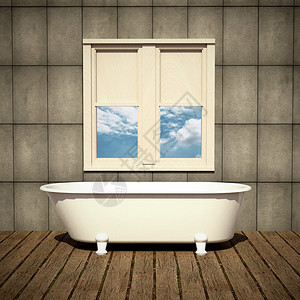带木地板的复古浴室中的简约浴缸图片