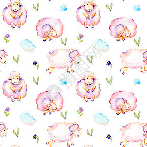 有水颜色的可爱粉红羊简单的鲜花和云层插图图片