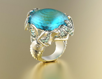 翡翠logo金色订婚戒指有蓝顶饰或海平面背景