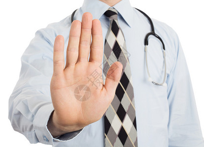 男医生以暂停或止手势举起手图片
