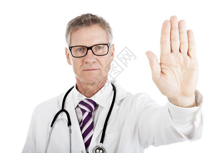 严厉的中年男医生以暂停或止的手势举起手图片