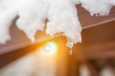 屋顶上融化的雪冰柱的特写镜头落水滴春天的开始满足冷热概念新鲜的图片