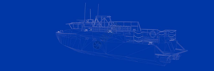 蓝色背景蓝图上一艘船的3D渲染图片