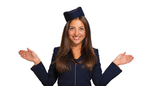 一名身穿白底空姐的年轻美女的肖像背景图片