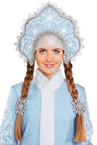穿着雪地少女服装的年轻女子的肖像被白色隔离图片