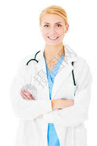 一位年轻美丽的医生的肖像听诊器在白图片
