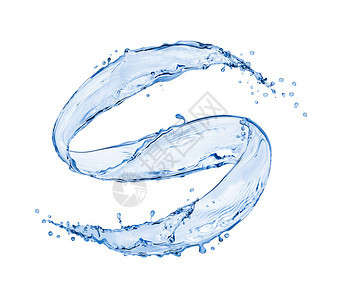 以白色背景隔离的旋转形状蓝色水喷发在图片