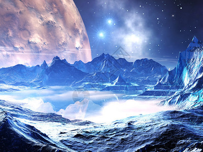 冰雪覆盖着外星人的地貌巨大的火山洞月亮和恒星都图片