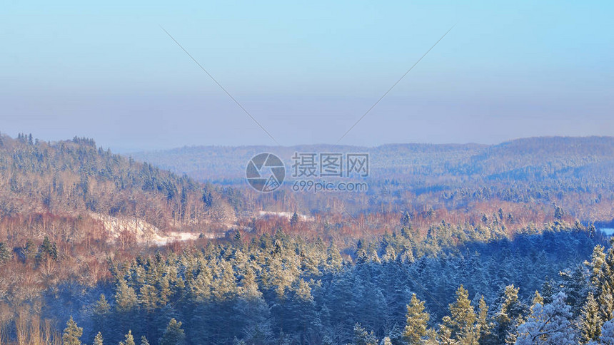 寒冷的雪冬雨中森林覆盖的山图片