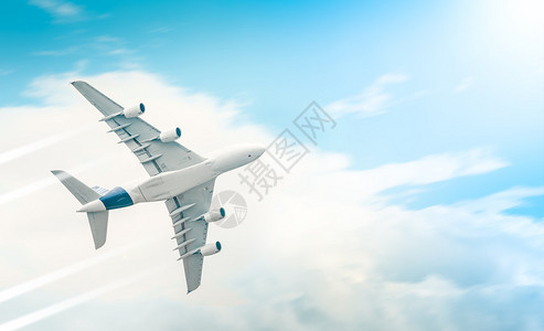 高空飞行的客机在阳光明媚的天亮时以蓝云天空离开足迹图片