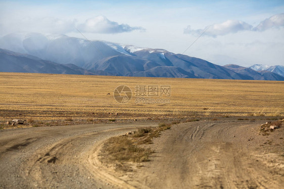 穿越西蒙古草原和山丘的乡村公图片