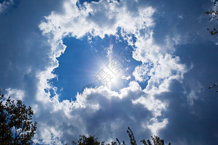 天空背景太阳云彩和树木背景图片