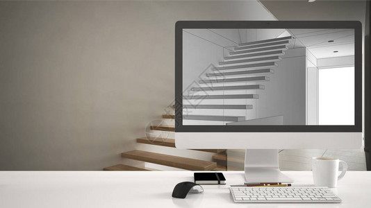 建筑房项目概念白色工作桌上的台式计算机背景图片