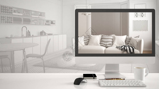 建筑房项目概念白色工作桌上显示现代起居室的台式计算机背景中的CAD背景图片