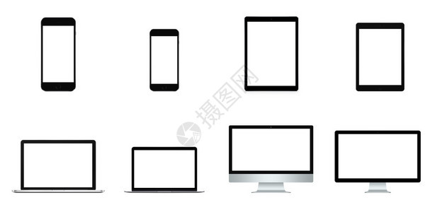 智能手机手机平板电脑触摸屏设备笔记本电脑电脑显示器和个人电脑的集合对象以白色隔离并具有白色空白屏幕对象可以很容易地分背景图片