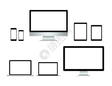 收集新的计算机设备智能手机手机平板电脑触摸屏设备笔记本电脑电脑显示器和个人电脑对象以白色隔离并具有白色空白屏幕大图片