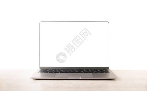 笔记本电脑前端视图位于白背景白色输入屏幕上孤立图片