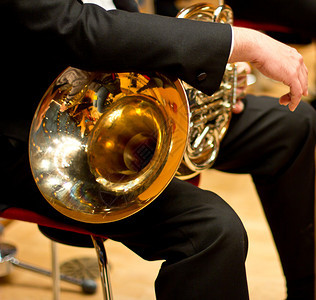 音乐厅里的圆号管乐器法国号喇叭古典音乐会背景图片