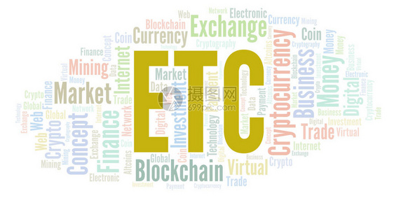 ETC或以太坊经典加密货币硬字云仅用文字图片