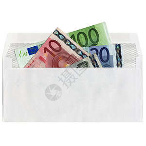 白色背景信封中的钞票钱图片