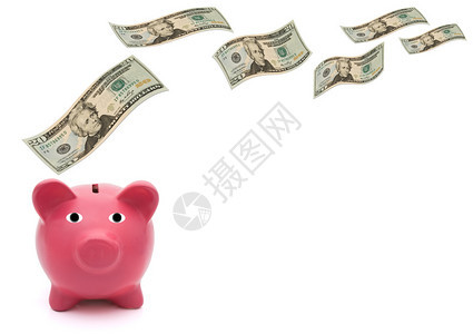 一个粉红猪银行20美元钞票在白种图片